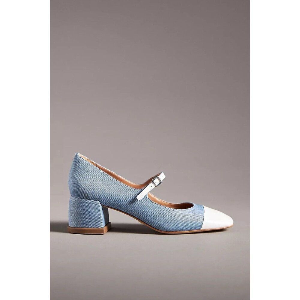NEW ANTHROPOLOGIE Sz 38 7 COLORBLOCK MARY JANE HEELS DENIM WHITE - Picture 2 of 4